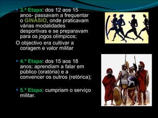 3.ª Etapa : dos 12 aos 15 anos- passavam a frequentar o  GINÁSIO , onde praticavam várias modalidades desportivas e se preparavam para os jogos olímpicos; O objectivo era cultivar a coragem e valor militar 4.ª Etapa : dos 15 aos 18 anos: aprendiam a falar em público (oratória) e a convencer os outros (retórica); 5.ª Etapa : cumpriam o serviço militar. 