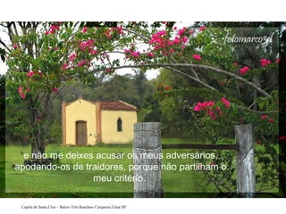 e não me deixes acusar os meus adversários,
apodando-os de traidores, porque não partilham o
meu critério.
Capela de Santa Cruz – Bairro Três Ranchos- Cerqueira César SP

 