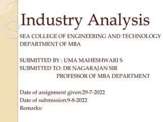 Industry Analysis
SEA COLLEGE OF ENGINEERING AND TECHNOLOGY
DEPARTMENT OF MBA
SUBMITTED BY : UMA MAHESHWARI S
SUBMITTED TO: DR NAGARAJAN SIR
PROFESSOR OF MBA DEPARTMENT
Date of assignment given:29-7-2022
Date of submission:9-8-2022
Remarks:
 