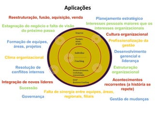AplicaçõesReestruturação, fusão, aquisição, vendaPlanejamento estratégicoInteresses pessoais maiores que os interesses organizacionaisEstagnação do negócio e falta de visão do próximo passoCultura organizacionalProfissionalização da gestãoFormação de equipes, áreas, projetosDesenvolvimento gerencial e liderançaClima organizacional Estruturação organizacional Resolução de conflitos internosAcontecimentos recorrentes (a história se repete)Integração de novos líderesSucessãoFalta de sinergia entre equipes, áreas, regionais, filiaisGovernançaGestão de mudanças