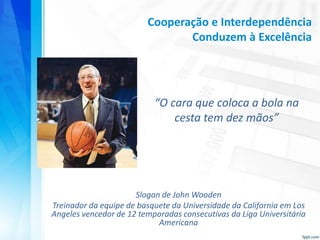 Cooperação e Interdependência
Conduzem à Excelência

“O cara que coloca a bola na
cesta tem dez mãos”

Slogan de John Wooden
Treinador da equipe de basquete da Universidade da California em Los
Angeles vencedor de 12 temporadas consecutivas da Liga Universitária
Americana

 