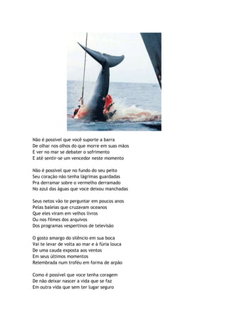 Não é possivel que você suporte a barra
De olhar nos olhos do que morre em suas mãos
E ver no mar se debater o sofrimento
E até sentir-se um vencedor neste momento

Não é possivel que no fundo do seu peito
Seu coração não tenha lágrimas guardadas
Pra derramar sobre o vermelho derramado
No azul das águas que voce deixou manchadas

Seus netos vão te perguntar em poucos anos
Pelas baleias que cruzavam oceanos
Que eles viram em velhos livros
Ou nos filmes dos arquivos
Dos programas vespertinos de televisão

O gosto amargo do silêncio em sua boca
Vai te levar de volta ao mar e à fúria louca
De uma cauda exposta aos ventos
Em seus últimos momentos
Relembrada num troféu em forma de arpão

Como é possível que voce tenha coragem
De não deixar nascer a vida que se faz
Em outra vida que sem ter lugar seguro
 