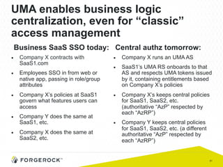 51
UMA enables business logic
centralization, even for “classic”
access management
■  Company X contracts with
SaaS1.com
■  Employees SSO in from web or
native app, passing in role/group
attributes
■  Company X’s policies at SaaS1
govern what features users can
access
■  Company Y does the same at
SaaS1, etc.
■  Company X does the same at
SaaS2, etc.
■  Company X runs an UMA AS
■  SaaS1’s UMA RS onboards to that
AS and respects UMA tokens issued
by it, containing entitlements based
on Company X’s policies
■  Company X’s keeps central policies
for SaaS1, SaaS2, etc.
(authoritative “AzP” respected by
each “AzRP”)
■  Company Y keeps central policies
for SaaS1, SaaS2, etc. (a different
authoritative “AzP” respected by
each “AzRP”)
Business SaaS SSO today: Central authz tomorrow:
 
