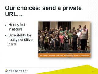 9
Our choices: send a private
URL…
■  Handy but
insecure
■  Unsuitable for
really sensitive
data
 