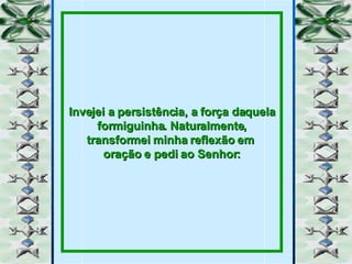 Invejei a persistência, a força daquela formiguinha. Naturalmente, transformei minha reflexão em  oração e pedi ao Senhor: 