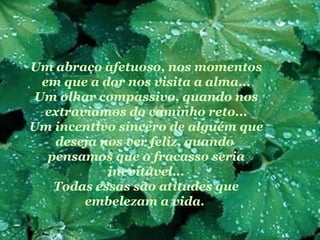 Um abraço afetuoso, nos momentos em que a dor nos visita a alma... Um olhar compassivo, quando nos extraviamos do caminho reto... Um incentivo sincero de alguém que deseja nos ver feliz, quando  pensamos que o fracasso seria inevitável... Todas essas são atitudes que embelezam a vida.   