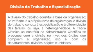 Divisão do Trabalho e Especialização
A divisão do trabalho constitui a base da organização;
na verdade, é a própria razão da organização. A divisão
do trabalho conduz à especialização e à diferenciação
das tarefas, ou seja, à heterogeneidade. A Teoria
Clássica ao contrário da Administração Científica se
preocupa com a divisão no nível dos órgãos que
compõem a organização, isto é, com os
departamentos, divisões, seções e unidades.
 