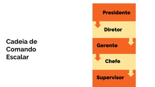 Cadeia de
Comando
Escalar
Presidente
Diretor
Gerente
Chefe
Supervisor
 