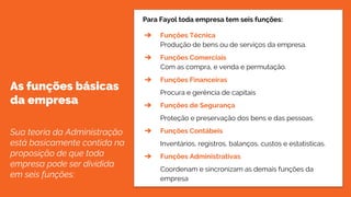 As funções básicas
da empresa
Sua teoria da Administração
está basicamente contida na
proposição de que toda
empresa pode ser dividida
em seis funções:
Para Fayol toda empresa tem seis funções:
➔ Funções Técnica
Produção de bens ou de serviços da empresa.
➔ Funções Comerciais
Com as compra, e venda e permutação.
➔ Funções Financeiras
Procura e gerência de capitais
➔ Funções de Segurança
Proteção e preservação dos bens e das pessoas.
➔ Funções Contábeis
Inventários, registros, balanços, custos e estatísticas.
➔ Funções Administrativas
Coordenam e sincronizam as demais funções da
empresa
 
