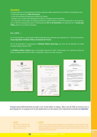 Outubro:
O assassinato de um homossexual incentiva algumas ações específicas de combate à homofobia como:
• Publicação especial do Folha de Parreira;
• Carta ao Secretário de Segurança Pública do Estado;
• Contato com a Ordem dos Advogados do Brasil e a Delegacia de Homicídios;
• Em novembro é veiculado um programa televisivo sobre violência contra homossexuais e são organiza-
dos os últimos preparativos para a mobilização do Dia 1º de Dezembro, em parceria com o Grupo pela
Vidda, governo municipal e estadual.
Em 1993 ...
Em 23 de Setembro, o governador Roberto Requião assina decreto sancionando lei nº. 10.459, tornando o
Grupo Dignidade Utilidade Pública do Estado do Paraná.
Em 17 de Dezembro é conquistada a Utilidade Pública Municipal, por meio da lei 8346/93, do então
vereador Ângelo Vanhoni (PT).
A Utilidade Pública Federal seria conquistada apenas em 1997. Ainda assim, foi o primeiro grupo do
Brasil, de defesa dos direitos LGBT, a conquistar o título em nível nacional.
O Grupo estava definitivamente em ação e com muitas idéias na cabeça... Mas o ano de 1992 se encerrou com a
participação em um programa de TV que representaria um dos passos mais importantes da história do Dignidade.
1979
Fundação do Grupo de Atu-
ação e Afirmação Gay, Bai-
xada Fluminense, RJ.
1979
I Encontro de Homossexuais Militantes, em Dezembro, no Rio de Janeiro. Nove
grupos: Somos/RJ, Auê, Somos/SP, Libertos Guarulhos/SP, Grupo de Atuação e Afir-
mação Gay/Caxias/RS, Somos/Sorocaba/SP, Grupo Lésbico-Feminista, Beijo Livre
Brasília/DF, Terceiro Ato/BH.
31
Grupo Dignidade | Uma história de Dignidade... | PARTE III
 