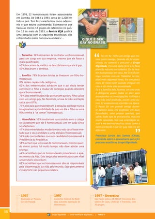Em 1993, 22 homossexuais foram assassinados
em Curitiba. De 1983 a 1993, cerca de 1.200 em
todo o país. Toni Reis caracterizou como extermí-
nio o que estava acontecendo. Estimava-se que
havia ao menos 12 grupos de extermínio no país.
Em 12 de maio de 1993, a Revista VEJA publica
uma pesquisa com as seguintes estatísticas: dos
entrevistados sobre homossexualidade e ...
... Trabalho: 36% deixariam de contratar um homossexual
para um cargo em sua empresa, mesmo que ele fosse o
mais qualificado;
45% trocariam de médico se descobrissem que ele é gay;
50% trocariam o dentista.
... Família: 79% ficariam tristes se tivessem um filho ho-
mossexual;
8% seriam capazes de castigá-lo;
62% dos entrevistados achavam que o pai devia tentar
convencer o filho a mudar de condição quando descobre
que é homossexual;
79% dos entrevistados não aceitariam que seu filho saísse
com um amigo gay. No Nordeste, a taxa de não-aceitação
salta para 87%;
77% dos pais que responderam à pesquisa do Ibope nunca
imaginariam a possibilidade de que um dia o filho ou uma
filha venha a “se tornar” homossexual;
... Homofobia: 56% mudariam sua conduta com o colega
se soubessem que ele é homossexual; um em cada cinco
se afastariam;
47% dos entrevistados mudariam seu voto caso fosse reve-
lado que o seu candidato a uma eleição é homossexual;
56% não concordariam com um candidato homossexual à
Presidência da República;
58% acham que um casal de homossexuais, mesmo quan-
do vivem juntos há muito tempo, não deve adotar uma
criança;
44% acreditam que os homossexuais provocaram o apa-
recimento da Aids. Dois terços dos entrevistados com nível
universitário discordam;
61% acreditam que os homossexuais são os responsáveis
pela disseminação da Aids pelo mundo. Esse pensamento
é mais forte nas pequenas cidades.
Foi em 92. Tinha um amigo que mo-
rava junto comigo. Quando ele foi assas-
sinado, eu comecei a procurar o Grupo
Dignidade. Era uma sexta-feira e eu faria
plantão noturno no trabalho. Ele ia rece-
ber duas pessoas em casa. Até 21h30 con-
segui contato com ele. Trabalhei no hos-
pital mais algumas horas. Era um pouco
mais de meia-noite quando cheguei em
casa e ele tinha sido assassinado.
Eu e a família dele ficamos um ano indo
à delegacia quase todos os dias para
acompanhar as investigações. Até hoje o
caso não está resolvido, assim como ou-
tros 12 assassinatos ocorridos na época.
O Paulo foi um grande amigo duran-
te dezoito anos. Era professor em duas
faculdades, uma pessoa querida, que
sofreu todo tipo de preconceito, mas era
muito resolvido com sua orientação se-
xual e me ensinou muitas coisas como a
auto-aceitação e que ser gay não era ser
diferente.
Francisco Carlos dos Santos (Chico),
contando sobre o assassinato que o fez
procurar auxílio no Grupo Dignidade.
1997 - fevereiro
São Paulo sedia o IX EBGLT: Encontro Bra-
sileiro de Gays, Lésbicas e Travestis, com
30 grupos.
1997
Realizada a I Parada
Gay do Paraná.
1997
Conselho Federal de Medi-
cina autoriza operação de
transexuais.
58
Grupo Dignidade | Uma história de Dignidade... | PARTE IV
 