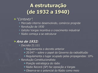 A estruturação
           (de 1932 a 1940)
►“Contexto”:
      Mercado interno desenvolvido, comércio progride
      Revolução de 1930
      Getúlio Vargas incentiva o crescimento industrial
      Rádio começa a se estruturar

►Ano     de 1932:
    Decreto 21.111
       ► Regulamenta o decreto anterior
       ► 20.047 – sobre o papel do Governo da radiodifusão
       ► Regulamenta o lugar ocupado pelas propagandas: 10%
    Revolução Constitucionalista
       ► Posição estratégica do rádio
       ► Rádio Record (SP) faz oposição a Vargas
       ► Observa-se o potencial do Rádio como meio
 