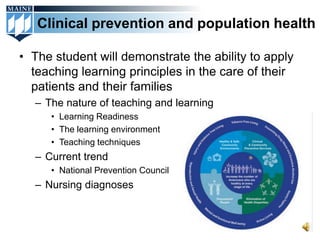 Clinical prevention and population health

• The student will demonstrate the ability to apply
  teaching learning principles in the care of their
  patients and their families
  – The nature of teaching and learning
     • Learning Readiness
     • The learning environment
     • Teaching techniques
  – Current trend
     • National Prevention Council
  – Nursing diagnoses
 