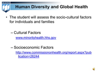 Human Diversity and Global Health

• The student will assess the socio-cultural factors
  for individuals and families

  – Cultural Factors
     www.minorityhealth.hhs.gov


  – Socioeconomic Factors
     http://www.commissiononhealth.org/report.aspx?pub
       lication=26244
 
