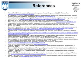 Click here to

                                                        References                                                                          advance to
                                                                                                                                                next
                                                                                                                                             reference
                                                                                                                                               page
•   Adamski, P. (2007). Implement a handoff communications approach. Nursing Management, 38(1)10-11. Retrieved from
    http://www.nursingcenter.com/pdf.asp?AID=688301
•   AFT-Maine, AFL-CIO (2012). Agreement between University of Maine System and the Maine Part-Time Faculty Association: American
    Federation of Teachers Local # 4593. Retrieved from http://www.maine.edu/pdf/patfacba.pdf
•   American Association of Colleges of Nursing (2009). The essentials of baccalaureate education for professional nursing practice: Faculty
    tool kit. Retrieved from http://www.aacn.nche.edu/faculty/faculty-development/faculty-toolkits/BacEssToolkit.pdf
•   Amicucci, B. (2012). What nurse faculty have to say about clinical grading. Teaching and Learning in Nursing (7)2, 51-55.
•   Arts in medicine: Transforming the hospital experience through the arts (2012). Retrieved from http://artsinmedicine.ufandshands.org/.
•   Ascano-Martin, F. (2008). Shift Report and SBAR: Strategies for Clinical Postconference. Nurse Educator, 33(5), 190-191.
•   Black, B. P. and Penrose-Thompson, P. (2012). Music as a therapeutic resource in end-of-life care. Journal of Hospice & Palliative
    Nursing, 14(2), 118-125.
•   Braveman, P., Egerter, S., An, J., & Williams D. (2009). Commission to build a healthier America: Issue brief 5: race and socioeconomic
    factors affect opportunities for better health. Retrieved from http://www.commissiononhealth.org/pdf/506edea1-f160-4728-9539-
    aba2357047e3/issue%20brief%205%20april%2009%20-%20race%20and%20socioeconomic%20factors.pdf
•   Campinha-Bacote, J. (2003). Many faces: Addressing diversity in health care. The Online Journal of Issues in Nursing, 8(1). Retrieved
    from
    http://www.nursingworld.org/MainMenuCategories/ANAMarketplace/ANAPeriodicals/OJIN/TableofContents/Volume82003/No1Jan2003/A
    ddressingDiversityinHealthCare.aspx#fig1
•   Carpenito-Moyet, L. (2010). Invited Paper: Teaching Nursing Diagnosis to Increase Utilization After Graduation. International Journal Of
    Nursing Terminologies & Classifications, 21(3), 124-133. doi:10.1111/j.1744-618X.2010.01158.x
•   Carpenito-Moyet, L. J. (2013). Handbook of nursing diagnosis (14th ed). Philadelphia: Wolters Kluwer|Lippincott Williams & Wilkins.
•   Carr, J., Heggarty, H., Carr, M., Fulwood, D., Goodwin, C., Walker, W., & Whittingham, K. (2010). Reflect for success: recommendations
    for mentors managing failing students. British Journal of Community Nursing, 15(12), 594-596.
•   Case Management Society of America (2010). Standards of practice for case management. Retrieved from
    http://www.cmsa.org/portals/0/pdf/memberonly/StandardsOfPractice.pdf
•   Center for Arts in Medicine (2012). Retrieved from http://www.arts.ufl.edu/cam/
•   Clynes, M. P. & Raftery, S. E. C. (2008). Feedback: An essential element of student learning in clinical practice. Nurse Education in
    Practice(8)6, 405-411.;
•   DeBrew, J. (2010). Perceptions of Liberal Education of Two Types of Nursing Graduates: The Essentials of Baccalaureate Education for
    Professional Nursing Practice. Journal of General Education, 59(1), 42-62.
•   Donaldon, J. H. & Gray, M. (2012). Systematic review of grading practice: Is there evidence of grade inflation? Nurse Education in
    Practice, 12(2), 101-114.
•   Durham, C. F., & Dwyer, J. (n.d.) Learning module 17: Patient safety: Our intent is to do no harm – so why do errors happen? Retrieved
    from http://qsen.org/faculty-resources/learning-modules/module-seventeen/
•   Edwards, J., & O’Connor, P. (2011). Improving technological competency in nursing students: The passport project. The Journal of Educators Online,
    8(2), 1 – 20. Retrieved from http://www.eric.ed.gov/PDFS/EJ941410.pdf
 