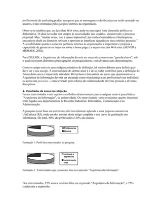 profissionais de marketing podem assegurar que as mensagens serão forjadas em estilo centrado no
usuário, e não orientadas pelos jargões internos da organização.

Observa-se também que, ao desenhar Web sites, pode-se pressupor forte dimensão política ou
diplomática. O ideal seria dar voz sempre às necessidades dos usuários, durante todo o processo
projetual. Mas, “muitas vezes, isso é quase impossível: por razões burocráticas e hierárquicas,
executivos-chefe ou diretores revisam e aprovam as interfaces segundo os seus critérios pessoais.”
A sensibilidade quanto a aspectos políticos internos às organizações é importante e propicia a
capacidade de gerenciar os impactos sobre a home page e a arquitetura dos Web sites (AGNER e
MORAES, 2002).

Para DILLON, a Arquitetura de Informação deveria ser encarada como termo “guarda-chuva”, sob
o qual coexistem diferentes preocupações de pesquisadores, com diversas auto-denominações.

Como o campo está em seus estágios primários de definição, há muitos debates para definir qual
deve ser o seu escopo. A oportunidade do debate atual é a de se poder contribuir para a definição do
futuro desta nova e importante atividade. Há inclusive discussões em curso que questionam se a
Arquitetura de Informação deveria ser encarada como relacionada a um profissional (um indivíduo)
ou como um processo -- caracterizado pelo esforço de colaboração de diversas pessoas e diversas
disciplinas.

4- Resultados da nossa investigação
Foram entrevistados vinte sujeitos escolhidos aleatoriamente para averiguar como é percebida a
"Arquitetura da Informação", na universidade. Os entrevistados (tanto estudantes quanto docentes)
eram ligados aos departamentos de Desenho Industrial, Informática, Comunicação e/ou
Administração.

A pesquisa (com base em entrevistas) foi inicialmente aplicada a uma pequena amostra na
UniCarioca (RJ), onde um dos autores deste artigo completa o seu curso de graduação em
Informática. Do total, 80% são professores e 20% são alunos.


                                        Professores
                                        Alunos




Ilustração 1- Perfil dos entrevistados da pesquisa.



                                        conhece a
                                        expressão
                                        nunca ouviu
                                        falar


Ilustração 2 - Entrevistados que já ouviram falar na expressão “Arquitetura da Informação”.



Dos entrevistados, 25% nunca ouviram falar na expressão "Arquitetura da Informação", e 75%
conheciam a expressão.
 