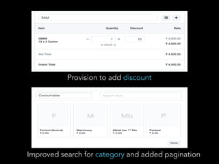 Provision to add discount
Improved search for category and added pagination
 