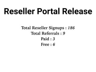 Reseller Portal Release
Total Reseller Signups : 186
Total Referrals : 9
Paid : 3
Free : 6
 