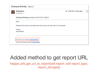 Added method to get report URL
frappe.utils.get_url_to_report(self.report, self.report_type,
report_doctype)
 