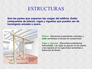 ESTRUCTURAS
Son las partes que soportan las cargas del edificio. Están
compuestas de pilares, vigas y viguetas que pueden ser de
hormigoón armado o acero.
Pilares : Elementos sustentantes verticales y
están sometidos a fuerzas de comprensión
Vigas y viguetas : Elementos sustentantes
horizontales. Las vigas se apoyan en los pilares
y las viguetas en la vigas.Estan sometidas a
esfuerzos de flexión.
 