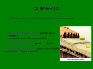 CUBIERTA
elemento constructivo que protege a los edificios en la parte superior .
-SOPORTE O ESTRUCTURA : cubierta plana
- ( forjado )
o cubierta inclinada.De madera o hierro.
- IMPERMEABILIZACIÓN : plástico o pizarra.
- SUELO DE LA CUBIERTA : tejas, pizarra, losetas
cerámicas o pintura ( caucho ).
 