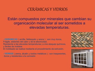 CERÁMICAS Y VIDRIOS
Están compuestos por minerales que cambian su
organicación molecular al ser sometidos a
elevadas temperaturas.
- CERÁMICAS ( arcilla, feldespato y arena ) : son muy duros,
Frágile, aislantes del calor y de la electricidad,
Resistente a las elevadas temperaturas y a los ataques químicos,
y fáciles de moldear
El moldeado se realiza mediante el procedimiento de extrusión.
- VIDRIOS ( arena, álcalin y óxidos metálicos ) : son trasparentes,
duros y resistentes a la corrosión
 