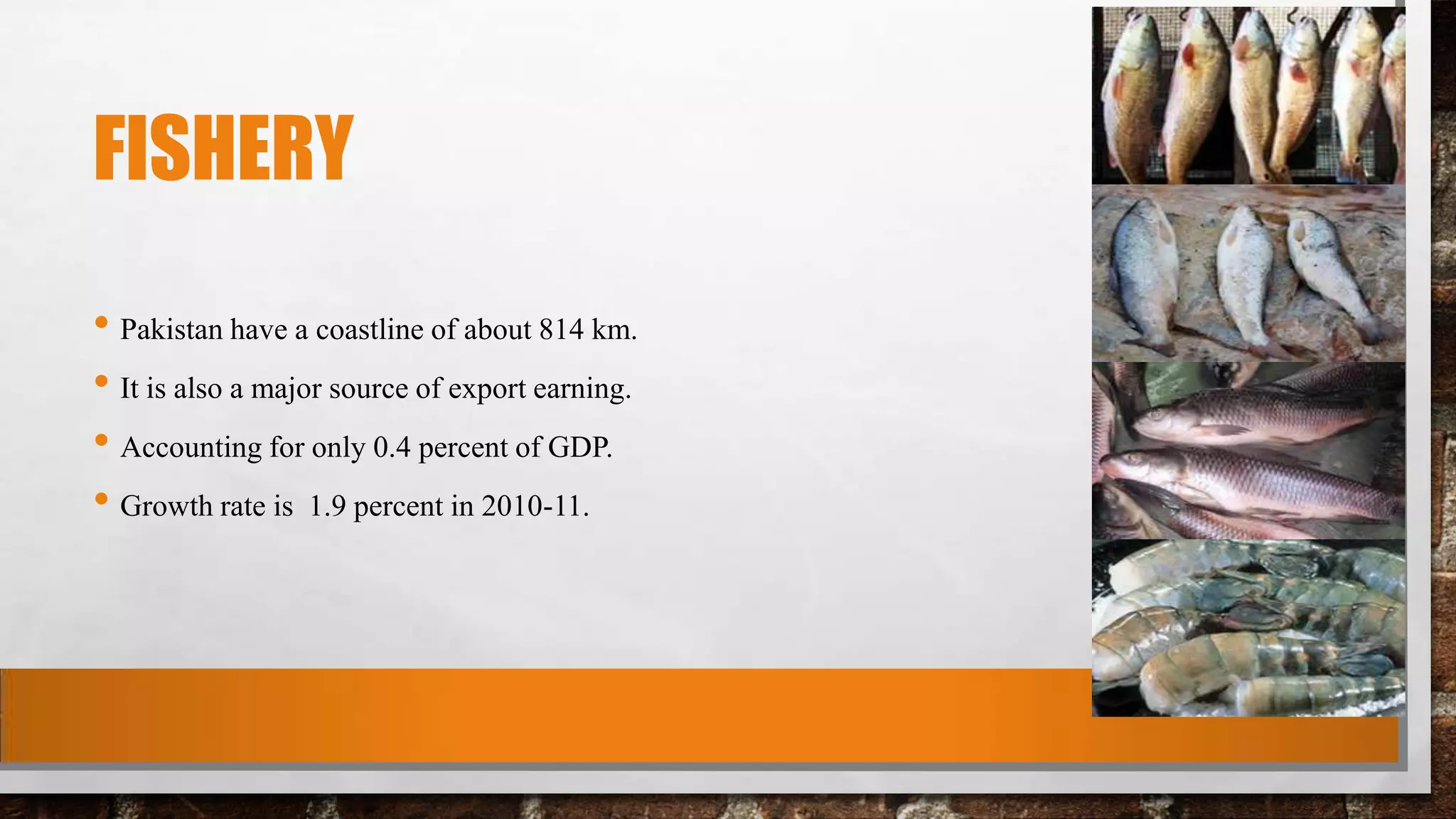 FISHERY
• Pakistan have a coastline of about 814 km.
• It is also a major source of export earning.
• Accounting for only 0.4 percent of GDP.
• Growth rate is 1.9 percent in 2010-11.
 