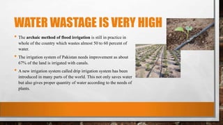 WATER WASTAGE IS VERY HIGH
• The archaic method of flood irrigation is still in practice in
whole of the country which wastes almost 50 to 60 percent of
water.
• The irrigation system of Pakistan needs improvement as about
67% of the land is irrigated with canals.
• A new irrigation system called drip irrigation system has been
introduced in many parts of the world. This not only saves water
but also gives proper quantity of water according to the needs of
plants.
 
