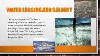 WATER LOGGING AND SALINITY
• As the storage capacity of the dams is
decreasing so the water availability per acre
is also decreasing. Therefore, the farmers are
installing more and more tube wells to
irrigate their crops. This is why salinity is
becoming the major issue in most parts of
Punjab and Sindh.
 