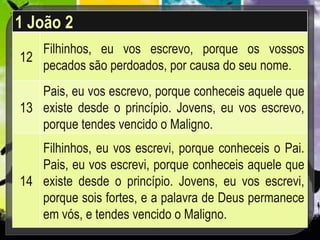 1 João 2
12
Filhinhos, eu vos escrevo, porque os vossos
pecados são perdoados, por causa do seu nome.
13
Pais, eu vos escrevo, porque conheceis aquele que
existe desde o princípio. Jovens, eu vos escrevo,
porque tendes vencido o Maligno.
14
Filhinhos, eu vos escrevi, porque conheceis o Pai.
Pais, eu vos escrevi, porque conheceis aquele que
existe desde o princípio. Jovens, eu vos escrevi,
porque sois fortes, e a palavra de Deus permanece
em vós, e tendes vencido o Maligno.
 