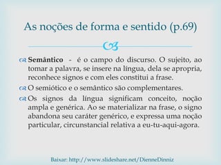 
 Semântico - é o campo do discurso. O sujeito, ao
tomar a palavra, se insere na língua, dela se apropria,
reconhece signos e com eles constitui a frase.
 O semiótico e o semântico são complementares.
 Os signos da língua significam conceito, noção
ampla e genérica. Ao se materializar na frase, o signo
abandona seu caráter genérico, e expressa uma noção
particular, circunstancial relativa a eu-tu-aqui-agora.
As noções de forma e sentido (p.69)
Baixar: http://www.slideshare.net/DienneDinniz
 