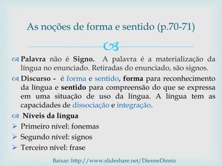 
 Palavra não é Signo. A palavra é a materialização da
língua no enunciado. Retiradas do enunciado, são signos.
 Discurso - é forma e sentido, forma para reconhecimento
da língua e sentido para compreensão do que se expressa
em uma situação de uso da língua. A língua tem as
capacidades de dissociação e integração.
 Níveis da língua
 Primeiro nível: fonemas
 Segundo nível: signos
 Terceiro nível: frase
As noções de forma e sentido (p.70-71)
Baixar: http://www.slideshare.net/DienneDinniz
 