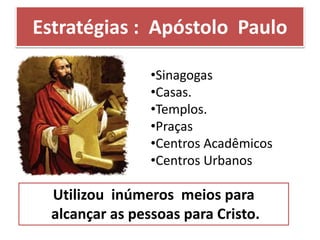 Estratégias : Apóstolo Paulo
•Sinagogas
•Casas.
•Templos.
•Praças
•Centros Acadêmicos
•Centros Urbanos
Utilizou inúmeros meios para
alcançar as pessoas para Cristo.
 