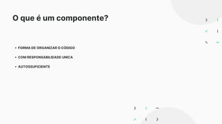 O que é um componente?
FORMA DE ORGANIZAR O CÓDIGO
COM RESPONSABILIDADE UNICA
AUTOSSUFICIENTE
 