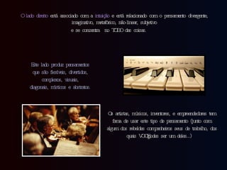 O lado direito  está associado com a  intuição  e está relacionado com o pensamento divergente, imaginativo, metafórico, não-linear, subjetivo e se concentra  no TODO das coisas.  Este lado produz pensamentos que são flexíveis, divertidos, complexos, visuais, diagonais, místicos e abstratos. Os artistas, músicos, inventores, e empreendedores tem fama de usar este tipo de pensamento (junto com algum dos rebeldes companheiros seus de trabalho, dos quais VOCÊ podes ser um deles…)  