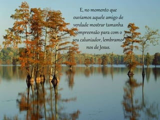 E, no momento que 
ouvíamos aquele amigo de 
verdade mostrar tamanha 
compreensão para com o 
seu caluniador, lembramo-nos 
de Jesus. 
 
