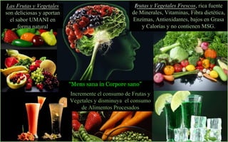 Frutas y Vegetales Frescos, rica fuente 
de Minerales, Vitaminas, Fibra dietética, 
Enzimas, Antioxidantes, bajos en Grasa 
“Mens sana in Corpore sano” 
y Calorías y no contienen MSG. 
Las Frutas y Vegetales 
son deliciosas y aportan 
el sabor UMANI en 
forma natural 
Incremente el consumo de Frutas y 
Vegetales y disminuya el consumo 
de Alimentos Procesados 

