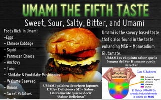 UMAMI es el quinto sabor que la 
lengua del Ser Humano puede 
detectar 
El Sabor UMAMI Es 
creado industrialmente 
a través del MSG 
UMAMI palabra de origen japonés 
UMA= Delicioso y MI= Sabor. 
Literalmente quiere decir 
“Sabor Delicioso” 
Papilas Los 5 Sabores 
Gustativas 
 