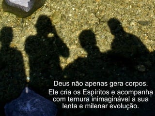 Deus não apenas gera corpos.
Ele cria os Espíritos e acompanha
 com ternura inimaginável a sua
     lenta e milenar evolução.
 