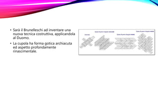 • Sarà il Brunelleschi ad inventare una
nuova tecnica costruttiva, applicandola
al Duomo.
• La cupola ha forma gotica archiacuta
ed aspetto profondamente
rinascimentale.
 