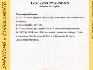 L'ORLANDO INNAMORATO
un'opera incompiuta
Cronologia dell'opera:
1476: a Ferrara presso il duca Ercole. Inizio della stesura dell'Orlando
innamorato.
1482: completati i libri I e II.
1479: è a Modena per ricoprire fino al 1483 l'incarico di governatore.
dal 1487 al 1494 (anno della sua morte): governatore a Reggio Emilia.
In questi anni Boiardo scrive del libro III solo 8 canti e 26 ottave.
L'opera resta incompleta.
 