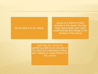 let me take a ex for cactus
cactus is a friend to many
animals in the desert. Its long
body stores water and many
small animals find refuge in the
shadow of the cactus
bats help the cactus by
gathering pollen from one part of
the plant and pollinating another
part, helping to create flowers for
the cactus
 