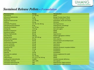 Pharmaceuticals
Aceclofenac
Alfuzosine Hydrocloride
Allopurinal
Ambroxol Hydrocloride
Caffeine
Carvedilol Phosphate
Chlorphenaramine Maleate
Chondroitin Sulphate
Cinitapride
Diclofenac Potassium
Diclofenac Sodium
Diltizam Hydrocloride
Dipyridamole
Domperidone
Dried ferrous sulphate
Duloxetine HCl
Erythromycin Stearate
Ferrous Fumarate
Ferrous Gluconate
Fluoxetine HCl
Glicazide
Glimepiride
Glipizide
Glucosomine sulphate
Ibuprofen
Indomethacin
Isodexuprine hydrochloride
Isosorbide Dinitrate
Isosorbide Hydrocholoride
Isosorbide mononitrate
Dosage
27 / 30 mg
5 mg
70 mg
27 / 30 mg
50 mg
10 / 20 / 40 / 80 mg
8 mg
30 / 70 mg
1.45 mg
50 mg
50 mg
80 mg
200 mg
20 / 30 / 40 mg
65 mg
40 mg
25 mg
50 mg
50 mg
20 mg
25 mg
1 mg
10 mg
65 mg
50 / 70 mg
25 / 27.5 / 50 / 60 mg
16.80%
20% / 40%
20%
20%
Therapeutical
NSAID
Benign Prostate Hyper Plasia
Treatment of Hyper uricemia
Anaesthetic, Acute sore throat
Stimulant
Anti Hypertensive
Antihistamine, Antiallergic
Anti inflammatory
Anti ulcer agent
NSAID
NSAID
Hypertension
Platelet aggregation Inhibitor
Antiemetic
Anti- anaemic
Anticonvulsant and antidepressant
Anti- infective
Haematinic
Haematinic
Selective Serotonin reuptake Inhibitor
Antidiabetic
Antidiabetic
Antidiabetic
Dietary supplement for adult
NSAID
NSAID
Cerebral vascular deficiency
Anti anginal
Hypertension, Angina pectoris
Hypertension, Angina pectoris
Sustained Release Pellets - Formulation
 