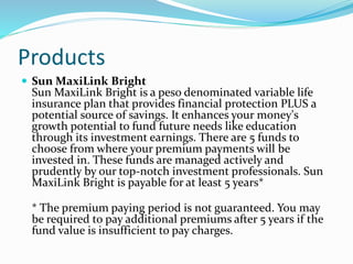 Products
 Sun MaxiLink Bright
Sun MaxiLink Bright is a peso denominated variable life
insurance plan that provides financial protection PLUS a
potential source of savings. It enhances your money's
growth potential to fund future needs like education
through its investment earnings. There are 5 funds to
choose from where your premium payments will be
invested in. These funds are managed actively and
prudently by our top-notch investment professionals. Sun
MaxiLink Bright is payable for at least 5 years*
* The premium paying period is not guaranteed. You may
be required to pay additional premiums after 5 years if the
fund value is insufficient to pay charges.
 