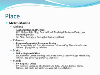 Place
 Metro Manila
 Alabang
 Alabang Regional Office
G/F Philam Life Bldg, Acacia Road, Madrigal Business Park, 1702
Muntinlupa City
Tel Nos.: 807-4343; 807-4366; 807-4323 (Fax)
 Caloocan
 CaloocanAutomated Insurance Center
8/F Orange Bldg, 328 Edsa Monumento, Caloocan City, Metro Manila 1400
Tel Nos.: 367-5701 to 03 (telefax)
 Makati
 MakatiRegional Office
2/F, Gammon Center Building, 126 Leviste Street, Salcedo Village, Makati City
Tel Nos.: 754-4055; 754-4056; 754-4052 (Fax)
 Manila
 UN Regional Office
UN Business Center, 1st Flr., Philam Life Bldlg, UN Ave, Ermita, Manila
Tel Nos.: 526-9228; 526-9258; 526-9253; 526-9503 (Telefax)
 