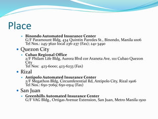 Place
 Binondo Automated Insurance Center
G/F Paramount Bldg, 434 Quintin Paredes St., Binondo, Manila 1006
Tel Nos.: 245-3620 local 236-237 (Fax); 241-3490
 Quezon City
 Cubao Regional Office
2/F Philam Life Bldg, Aurora Blvd cor Araneta Ave, 1111 Cubao Quezon
City
Tel Nos: 423-6000; 423-6233 (Fax)
 Rizal
 Antipolo Automated Insurance Center
2/F Megathon Bldg, Circumferential Rd, Antipolo City, Rizal 1906
Tel Nos.: 650-7069; 650-0514 (Fax)
 San Juan
 Greenhills Automated Insurance Center
G/F VAG Bldg., Ortigas Avenue Extension, San Juan, Metro Manila 1500
 