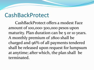 CashBackProtect
CashBackProtect offers a modest Face
amount of 100,000-300,000 pesos upon
maturity. Plan duration can be 5 or 10 years.
A monthly premium of 2800 shall be
charged and 96% of all payments tendered
shall be released upon request for lumpsum
at anytime; after which, the plan shall be
terminated.
 