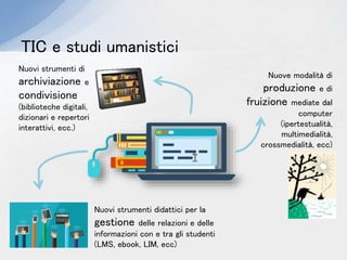 TIC e studi umanistici
Nuovi strumenti di
archiviazione e
condivisione
(biblioteche digitali,
dizionari e repertori
interattivi, ecc.)
Nuove modalità di
produzione e di
fruizione mediate dal
computer
(ipertestualità,
multimedialità,
crossmedialità, ecc)
Nuovi strumenti didattici per la
gestione delle relazioni e delle
informazioni con e tra gli studenti
(LMS, ebook, LIM, ecc)
 