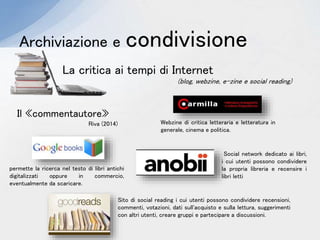 Archiviazione e condivisione
Il «commentautore»
La critica ai tempi di Internet
Webzine di critica letteraria e letteratura in
generale, cinema e politica.
Sito di social reading i cui utenti possono condividere recensioni,
commenti, votazioni, dati sull'acquisto e sulla lettura, suggerimenti
con altri utenti, creare gruppi e partecipare a discussioni.
Social network dedicato ai libri,
i cui utenti possono condividere
la propria libreria e recensire i
libri letti
permette la ricerca nel testo di libri antichi
digitalizzati oppure in commercio,
eventualmente da scaricare.
Riva (2014)
(blog, webzine, e-zine e social reading)
 