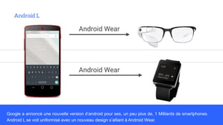 Google a annoncé une nouvelle version d’android pour ses, un peu plus de, 1 Milliards de smartphones.
Android L se voit uniformisé avec un nouveau design s’alliant à Android Wear.
 